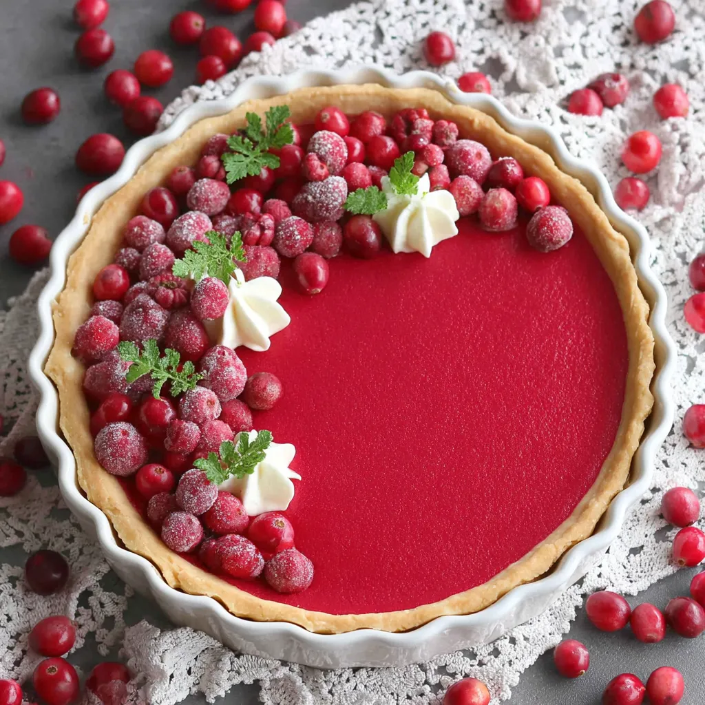 Cranberry Custard Pie with smooth red cranberry filling, flaky pie crust, whipped cream swirls, and sugared cranberries, photographed from above.
