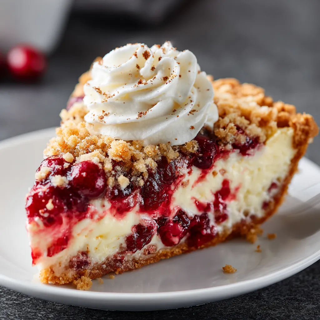 Homemade cranberry cream cheese crumb pie slice with rich cream cheese base, cranberry sauce layer, and crunchy crumb topping