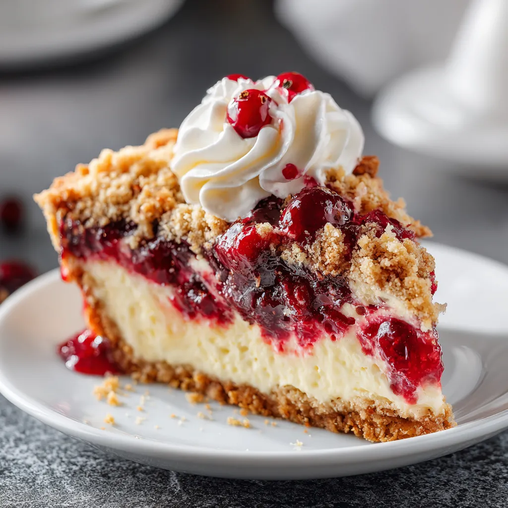Cranberry cream cheese crumb pie slice with thick cream cheese filling, glossy cranberry topping, and golden crumb crust on a white plate
