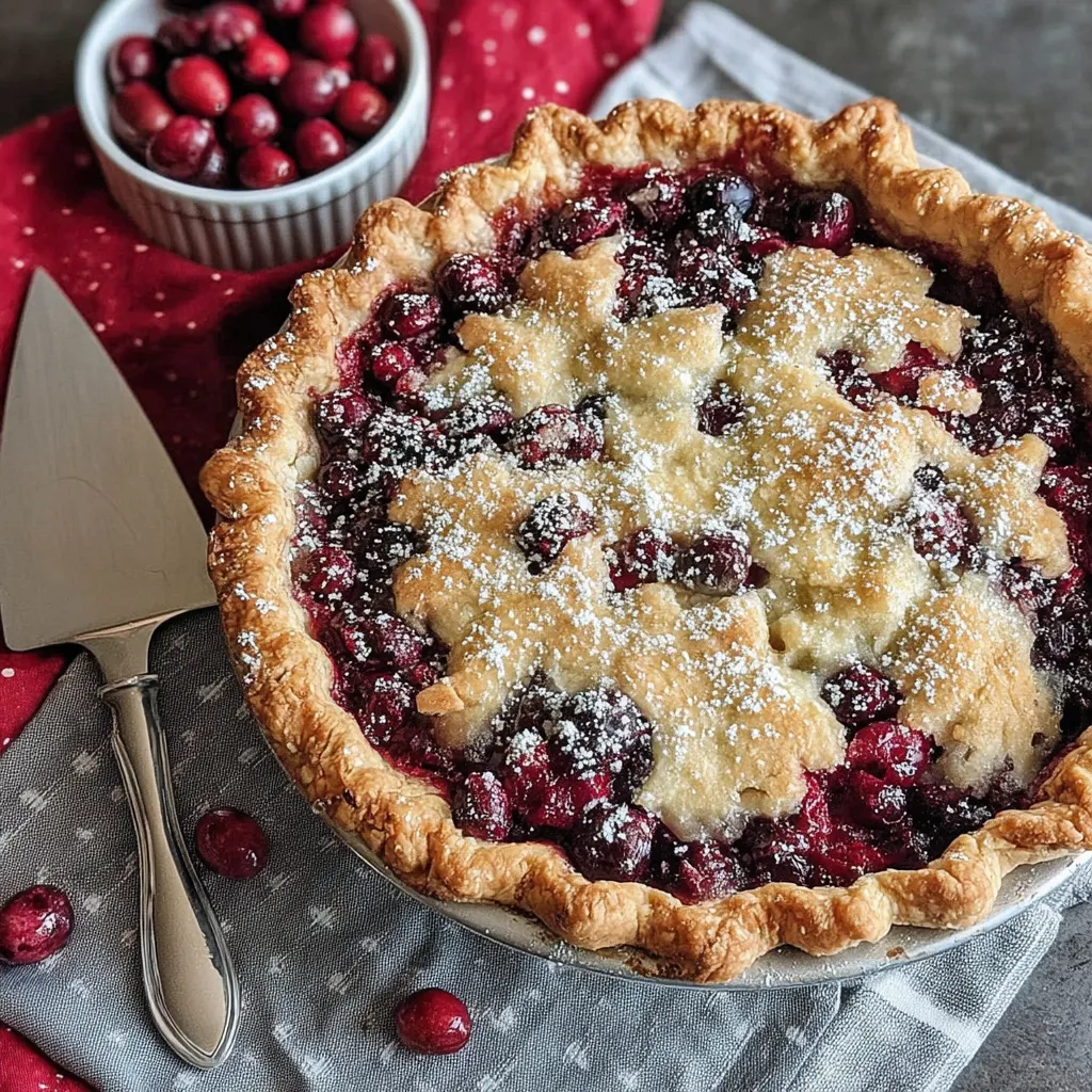 Nantucket Christmas Cranberry Pie with fresh cranberries, golden cake-like topping, and flaky buttery crust, dusted with powdered sugar