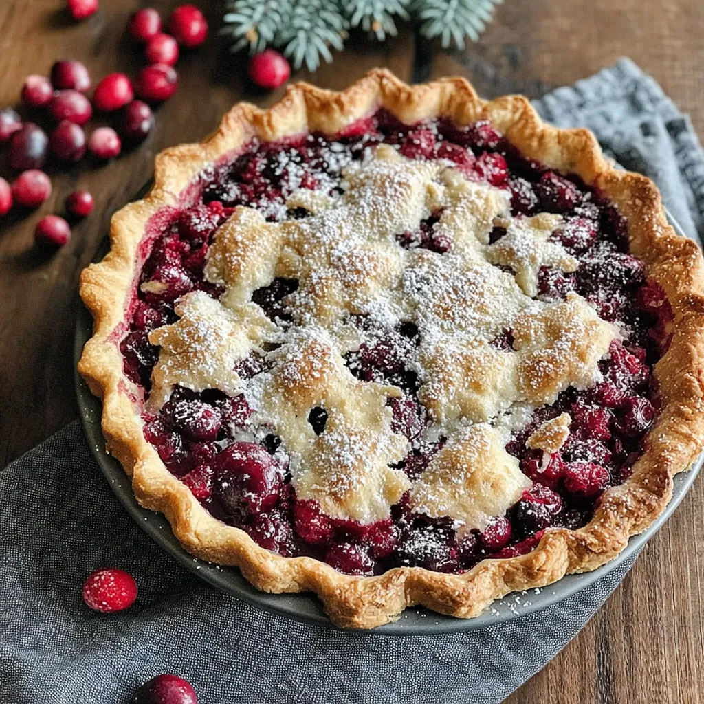 Nantucket Christmas Cranberry Pie with whole cranberries, soft cake-style topping, and flaky homemade crust dusted with powdered sugar