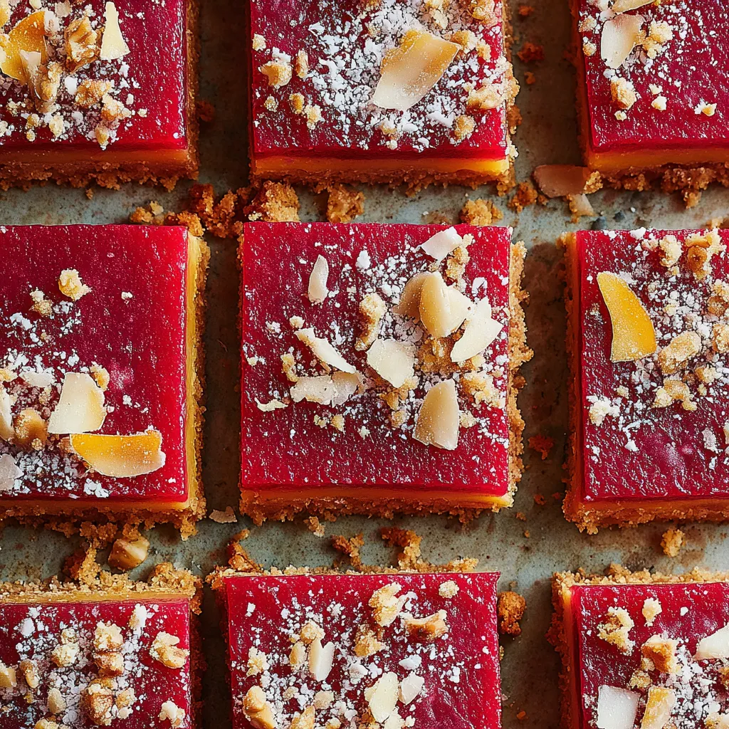 Cranberry curd bars with a crumbly shortbread crust, topped with powdered sugar and slivered almonds for a crunchy, sweet finish.