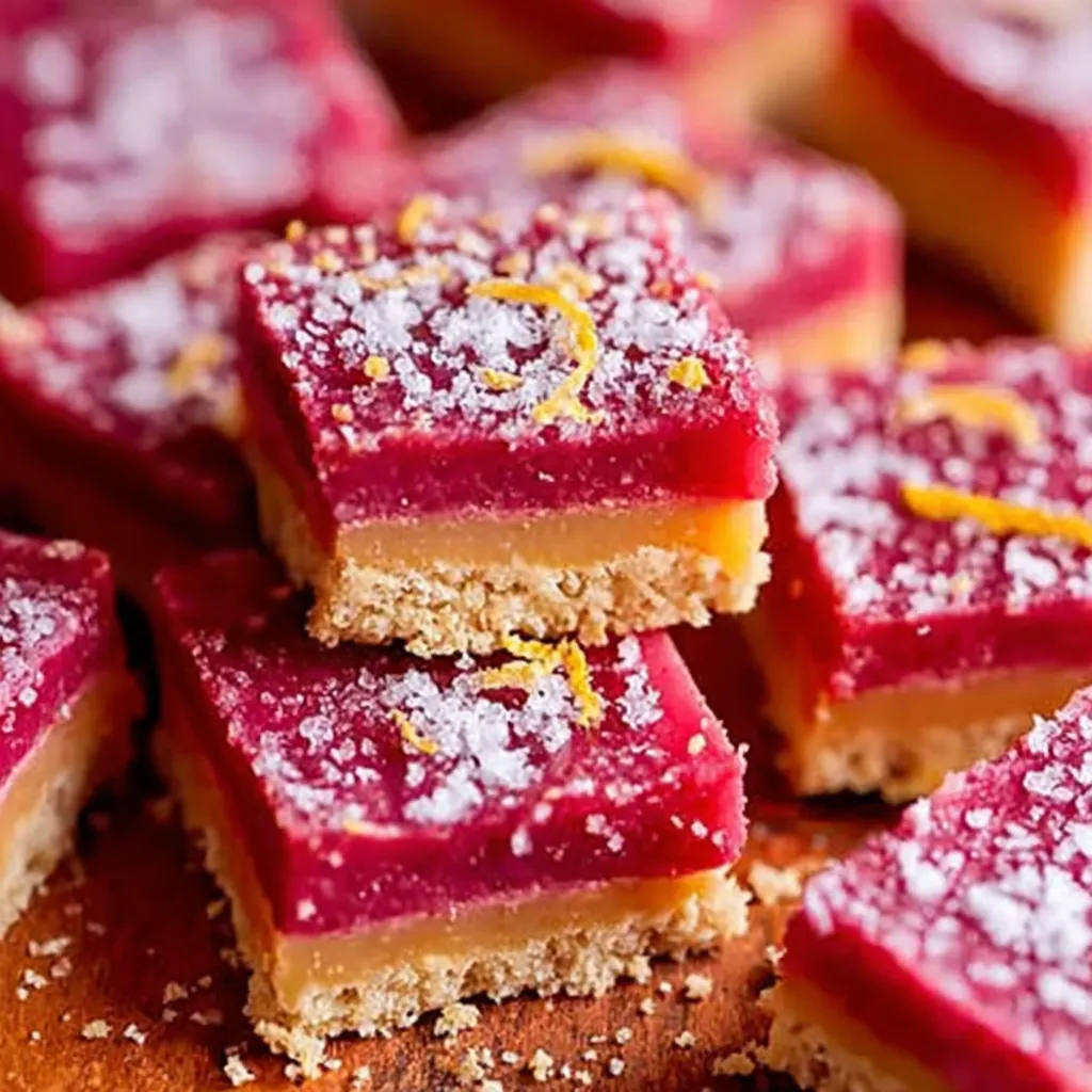 Close-up of cranberry curd bars with a buttery shortbread crust, topped with powdered sugar and bright orange zest for a fresh, tangy finish.
