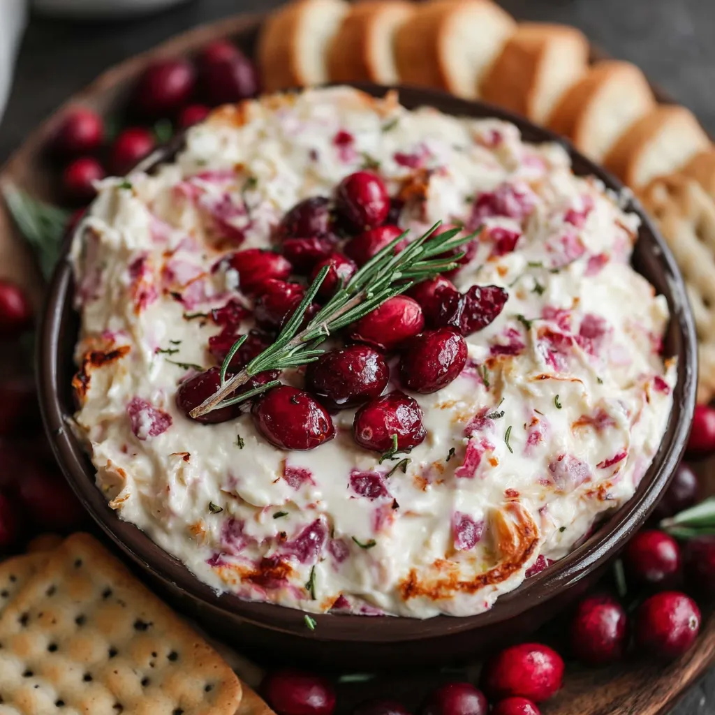 Baked Cranberry Cream Cheese Dip in a rustic bowl, topped with fresh cranberries and rosemary, accompanied by crispy crackers, perfect for holiday gatherings.