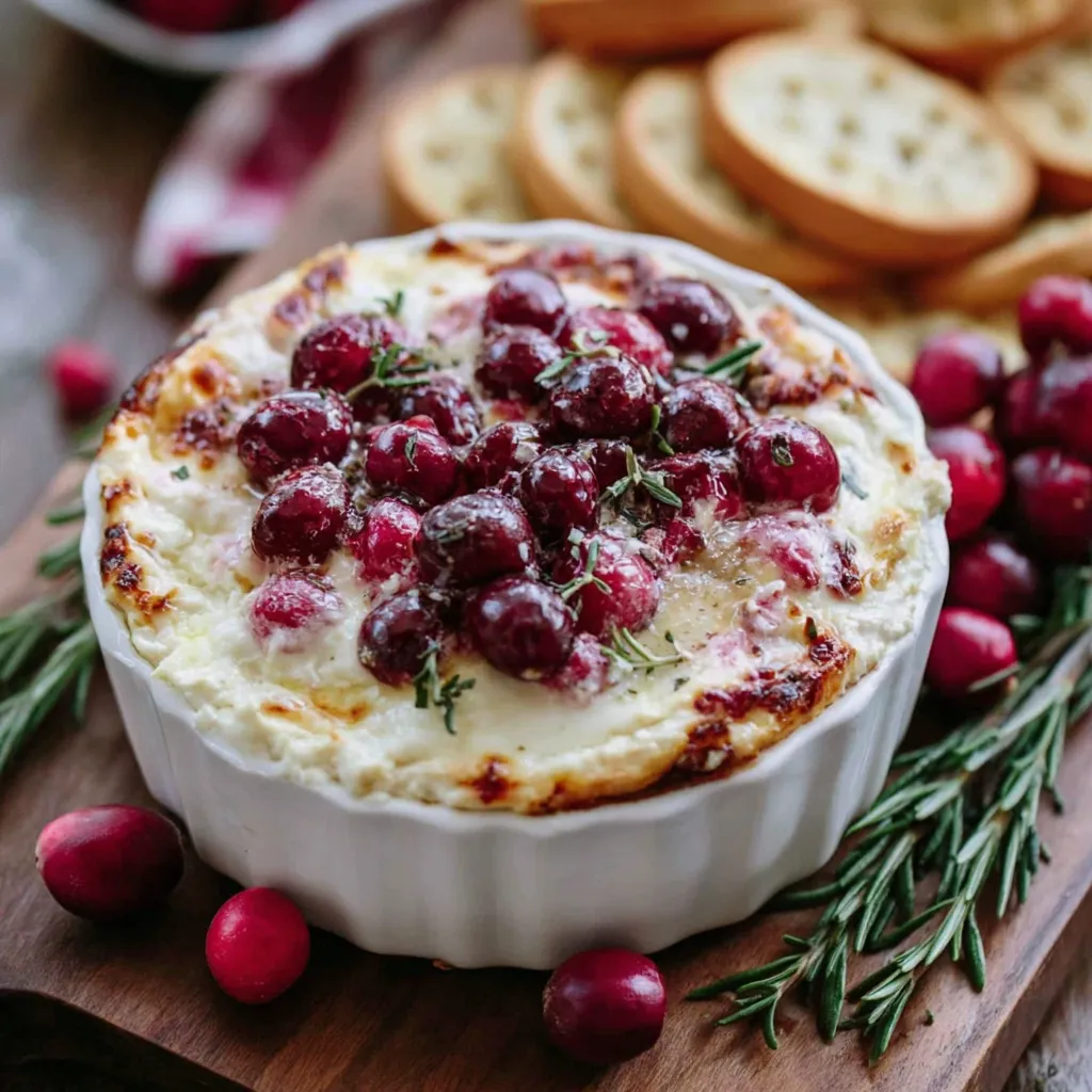 Baked Cranberry Cream Cheese Dip with fresh cranberries, rosemary sprigs, and golden crackers on the side, perfect for holiday gatherings.