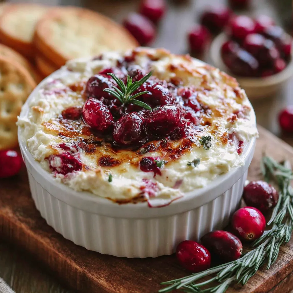 Warm Baked Cranberry Cream Cheese Dip topped with fresh cranberries and rosemary, served with crispy crackers on the side, ideal for festive gatherings.