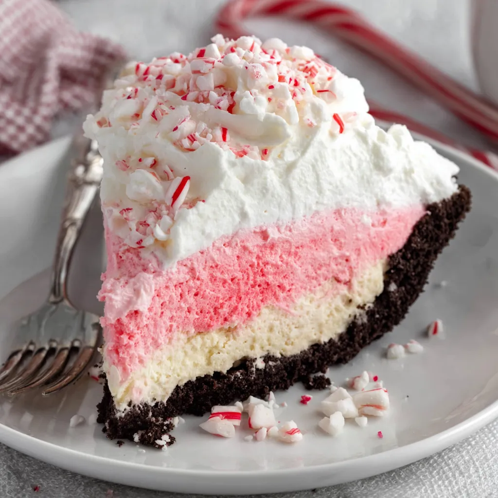 Slice of Candy Cane Pie with a layered peppermint filling, topped with whipped cream and crushed candy canes, served on an Oreo crust.
