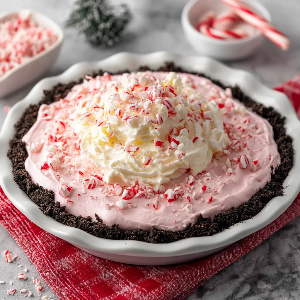 Candy Cane Pie with a creamy peppermint filling, topped with whipped cream and crushed candy canes on an Oreo crust – a festive holiday dessert.