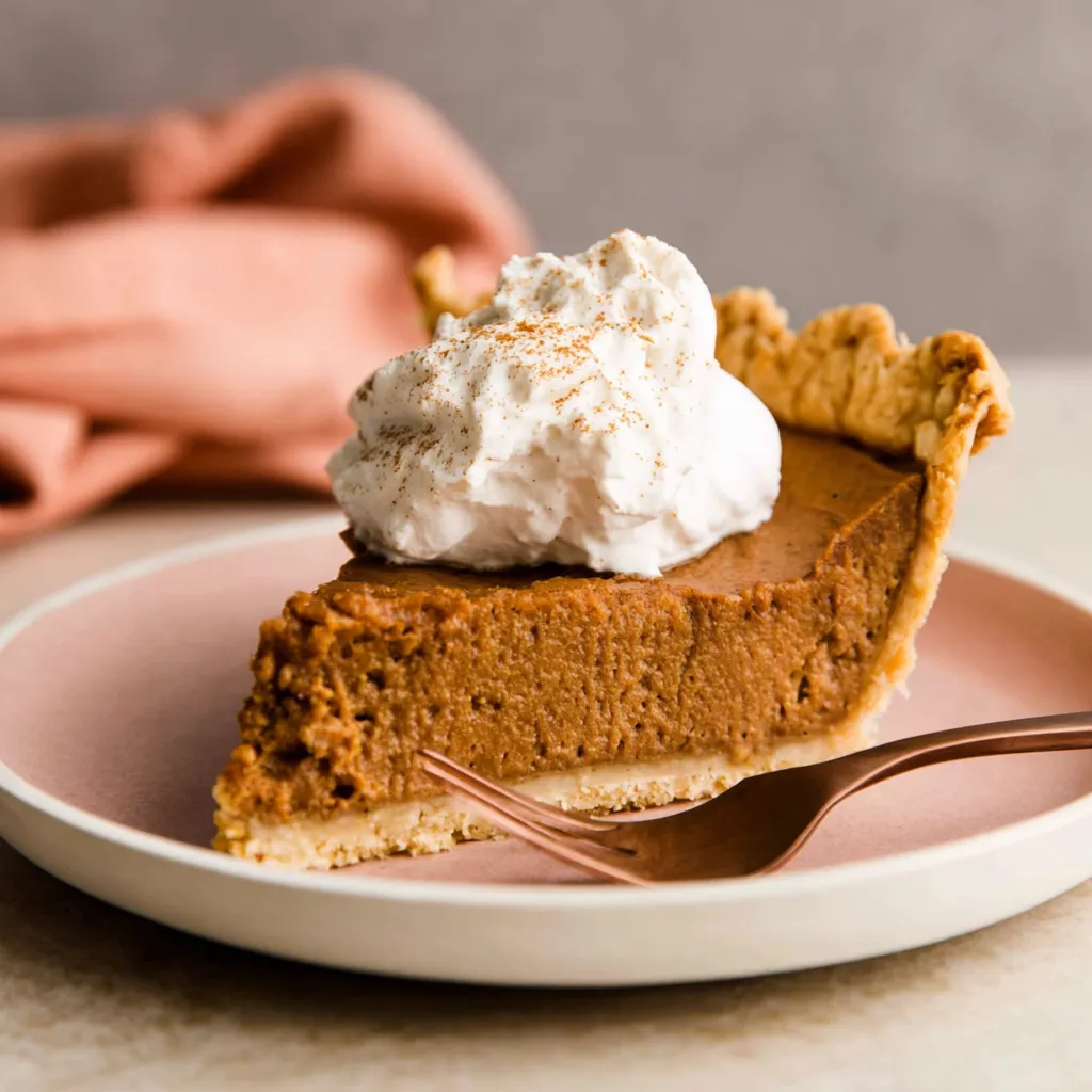A slice of smooth and creamy Apple Butter Pie topped with a generous dollop of whipped cream, served with a golden fork, perfect for dessert lovers.