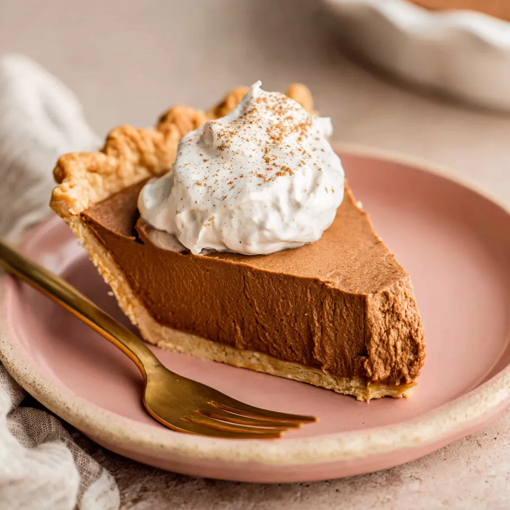 A delectable slice of Apple Butter Pie topped with whipped cream and a sprinkle of cinnamon, served on a pink plate with a golden fork, perfect for autumn desserts.