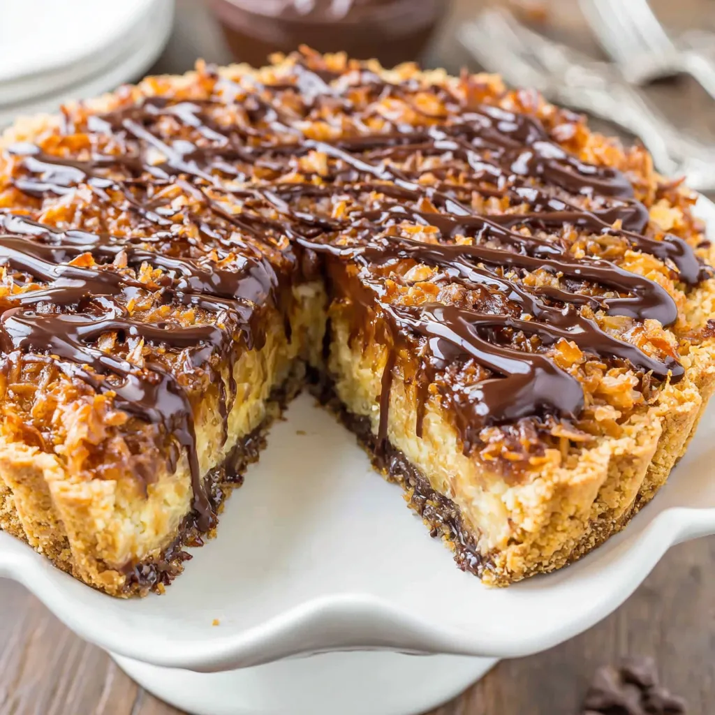 Samoas Cookie Pie with layers of caramel, chocolate, and coconut drizzle, freshly sliced to show off the delicious filling and golden crust.