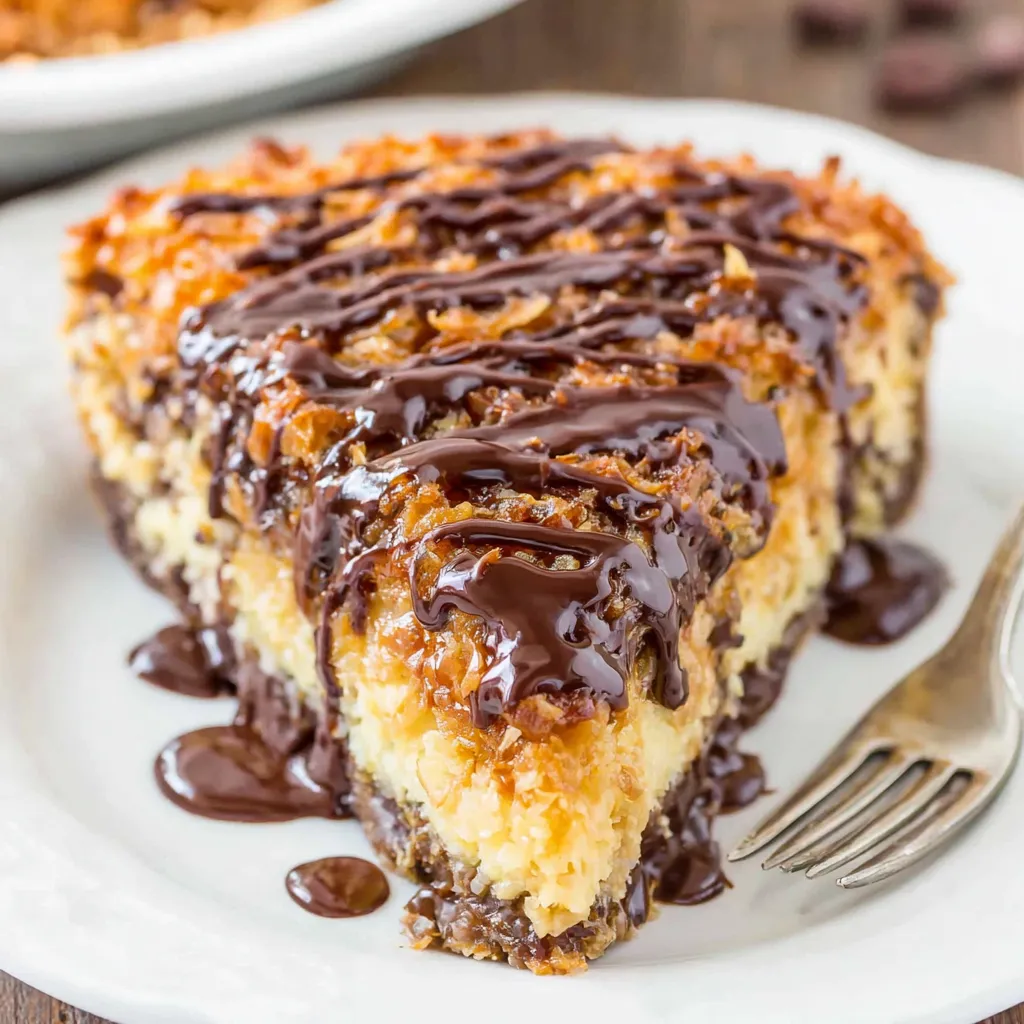 Slice of Samoa Cookie Pie with caramel, toasted coconut, and melted chocolate drizzled on top, served on a white plate with a fork.