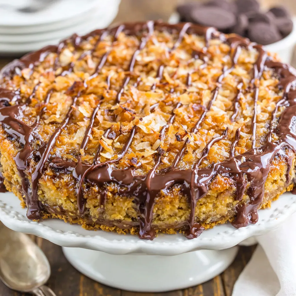 Samoas Cookie Pie with toasted coconut, caramel layers, and drizzled chocolate, served on a white cake stand, showcasing a perfect slice.