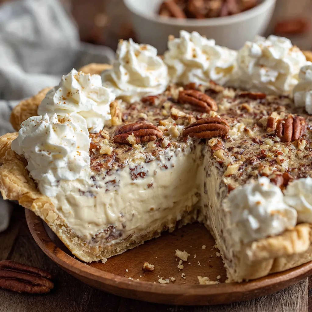 Delicious Pecan Cream Pie with a creamy filling, topped with whipped cream and crunchy pecans, served in a homemade pie crust.