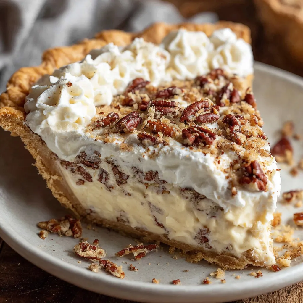 A slice of Pecan Cream Pie with creamy filling, topped with whipped cream and sprinkled with crunchy pecans, served on a plate.