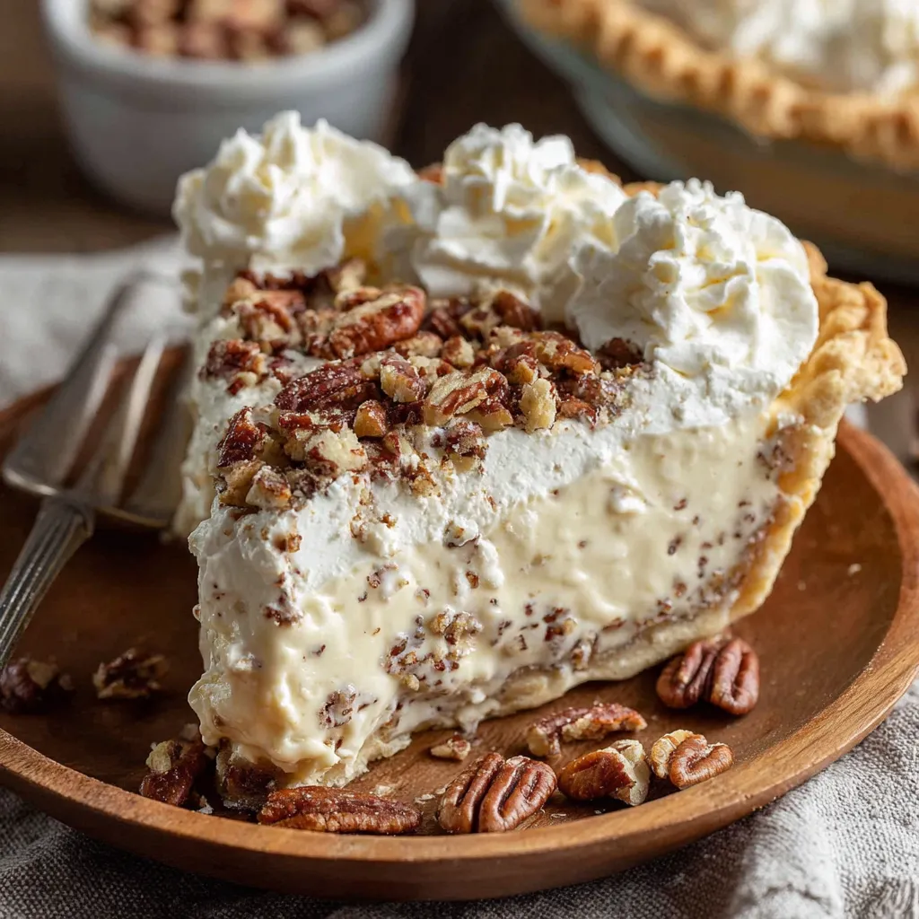 Slice of pecan cream pie with a flaky crust, creamy vanilla filling, whipped cream topping, and chopped pecans, served on a wooden plate.