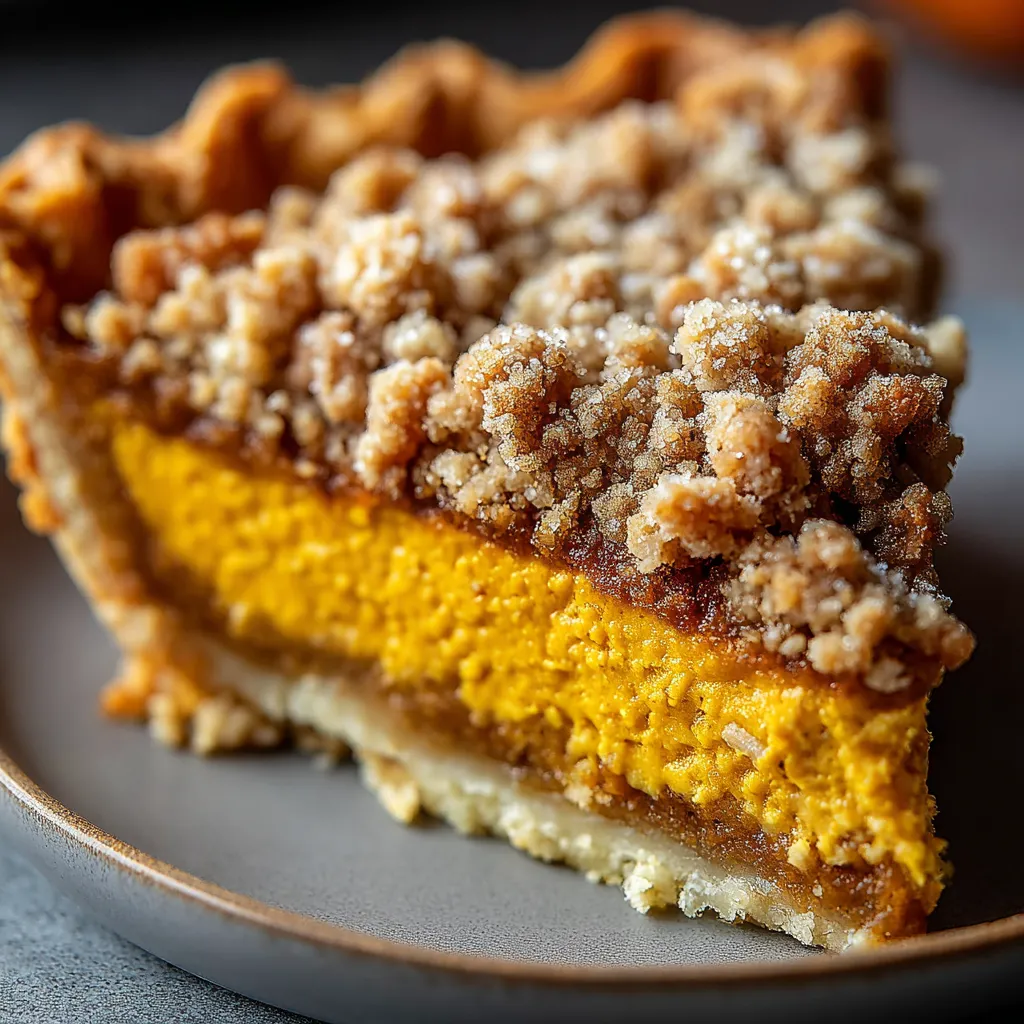 Bourbon pumpkin pie topped with salted brown butter pecan streusel and flaky pie crust.