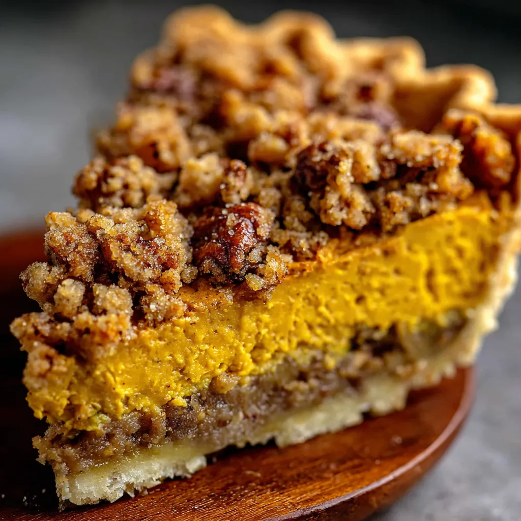 Slice of bourbon pumpkin pie with salted brown butter pecan streusel and buttery crust