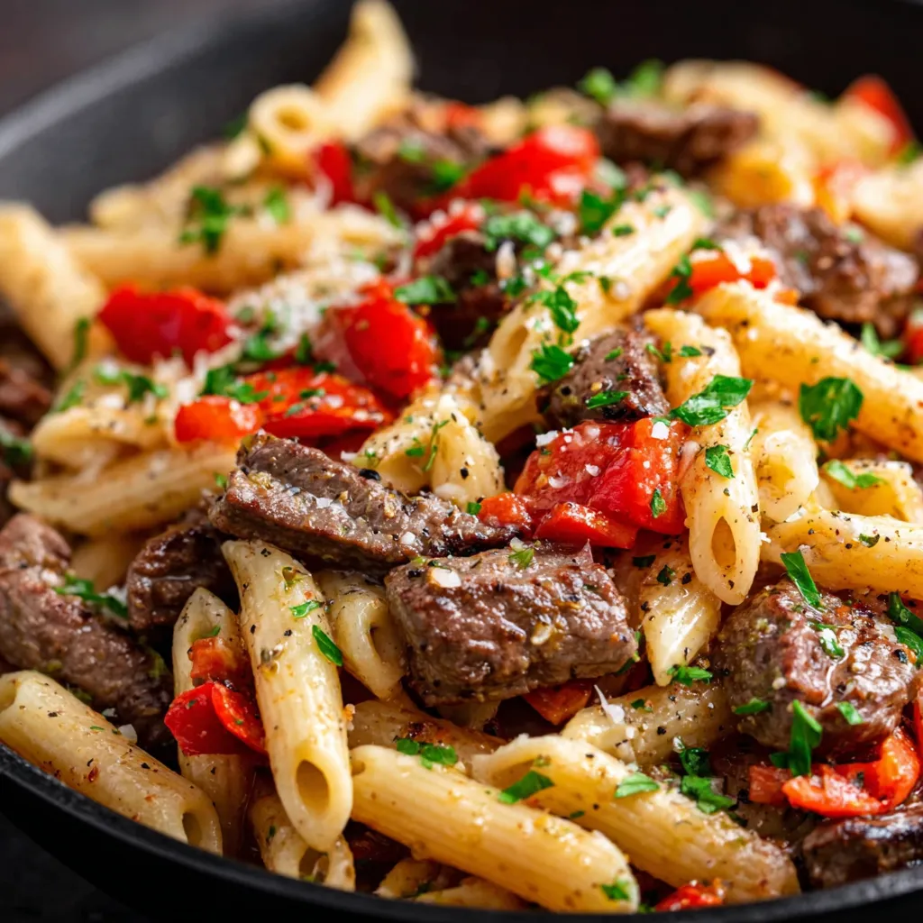 Garlic beef pasta with penne noodles, slow cooker beef chunks, roasted red peppers, Parmesan cheese, and fresh parsley in a skillet