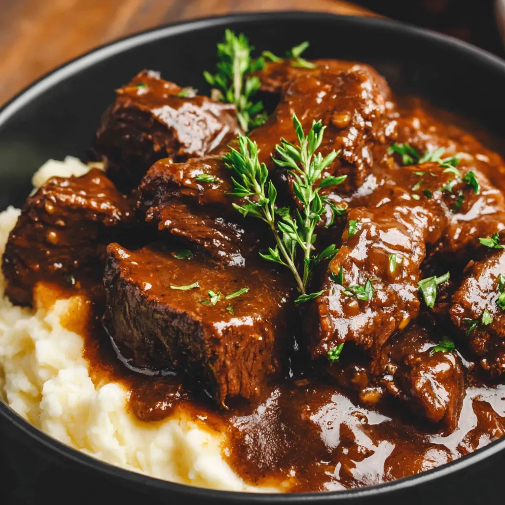 Slow Cooker Beef Manhattan served over creamy mashed potatoes with tender slow-cooked beef and rich brown gravy, garnished with fresh herbs