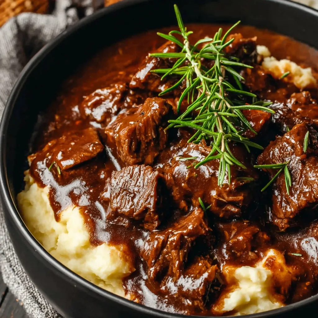 Slow Cooker Beef Manhattan with tender slow-cooked beef in rich brown gravy served over creamy mashed potatoes and topped with fresh rosemary
