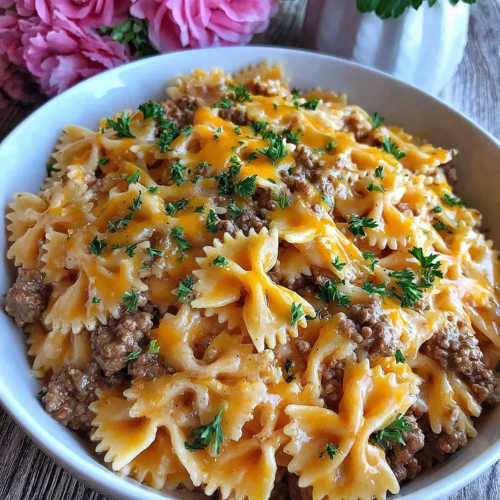 Garlic butter beef and cheesy bowtie pasta with ground beef, farfalle pasta, melted cheddar cheese, and fresh parsley in a white bowl.