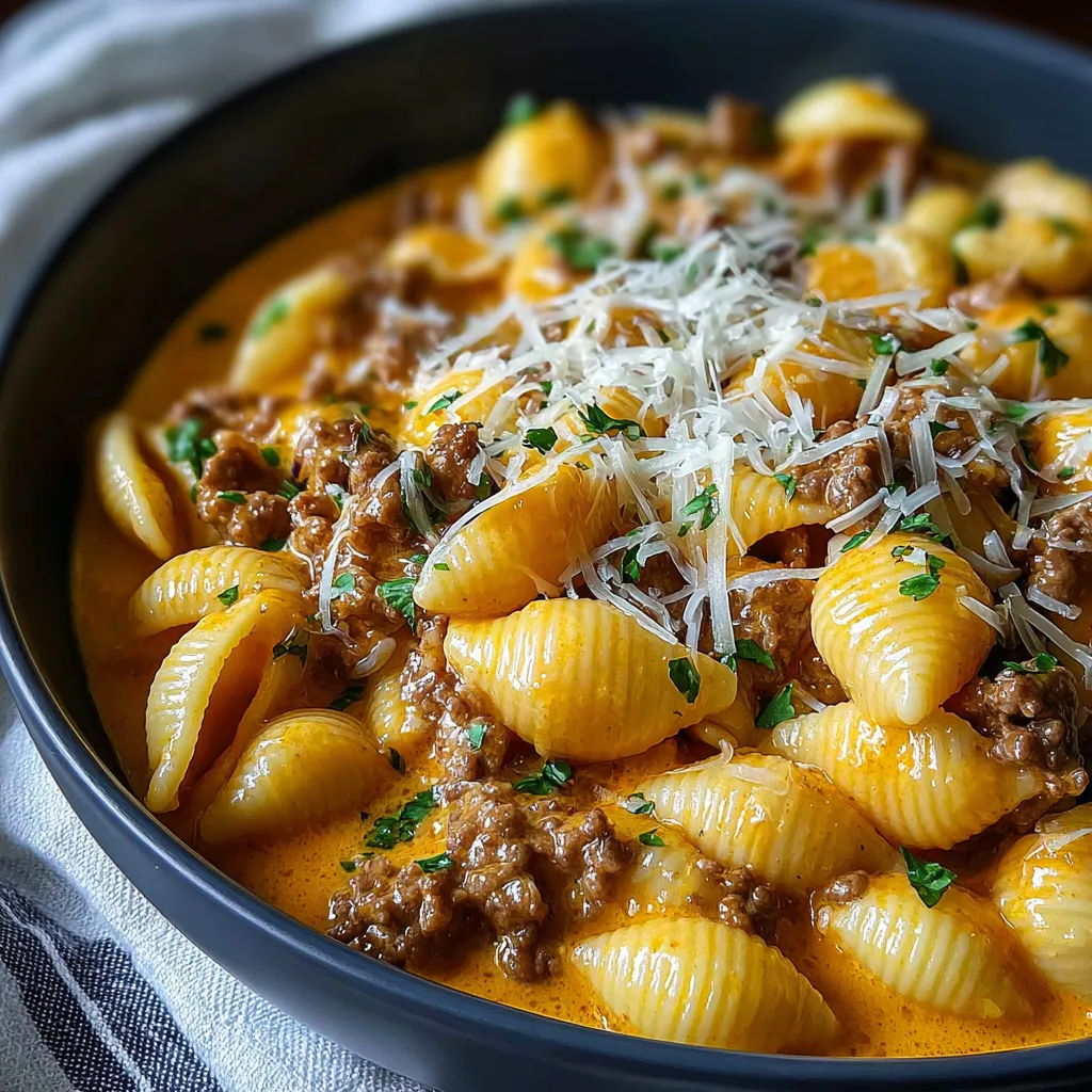 Creamy beef and shells pasta made with tender ground beef, pasta shells, a rich creamy sauce, and grated cheese, garnished with fresh parsley