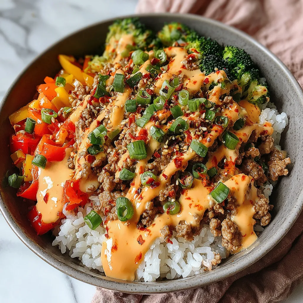 Bang Bang Ground Turkey Rice Bowl with jasmine rice, seasoned ground turkey, broccoli, bell peppers, green onions, and creamy sweet-spicy bang bang sauce