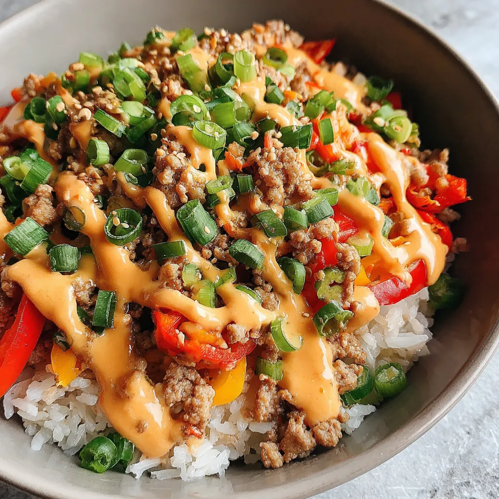 Bang Bang Ground Turkey Rice Bowl topped with creamy bang bang sauce, seasoned ground turkey, jasmine rice, bell peppers, and green onions