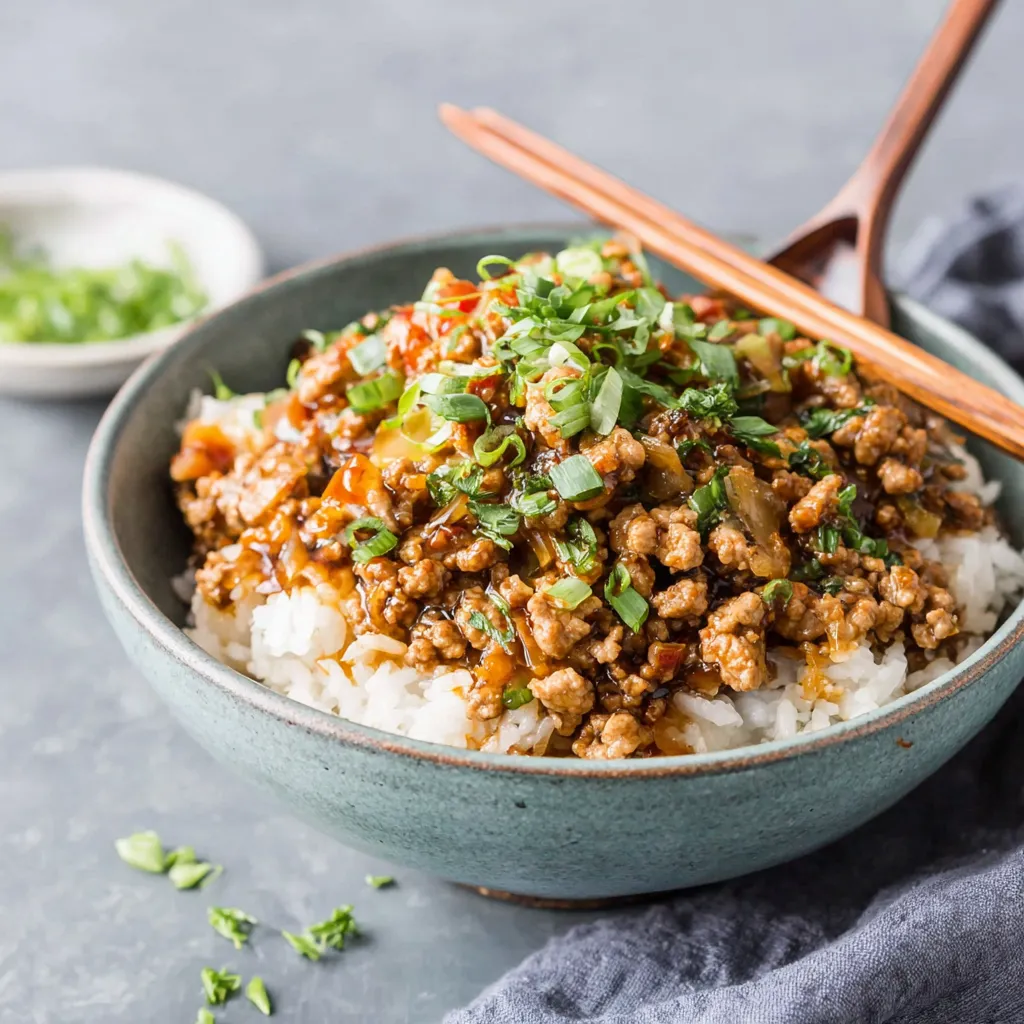 Teriyaki Turkey Rice Bowl with ground turkey, sweet teriyaki sauce, white rice, green onions, and sesame seeds in a bowl