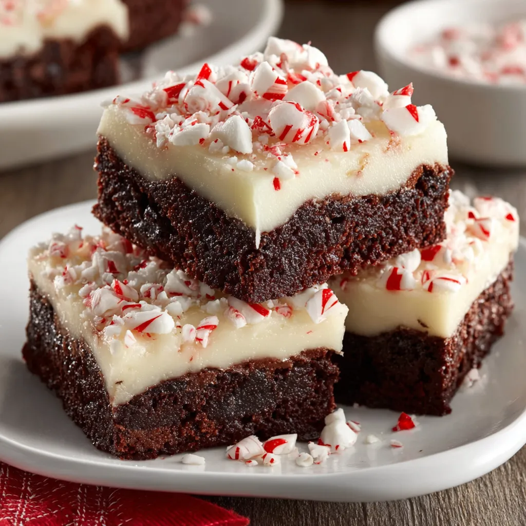Peppermint bark brownies topped with white chocolate frosting and crushed candy canes