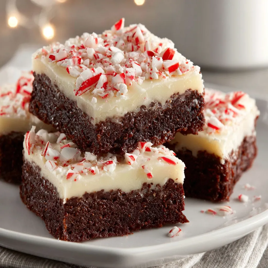 Peppermint bark brownies with fudgy chocolate brownie layers topped with creamy white chocolate frosting and crushed candy canes on a plate