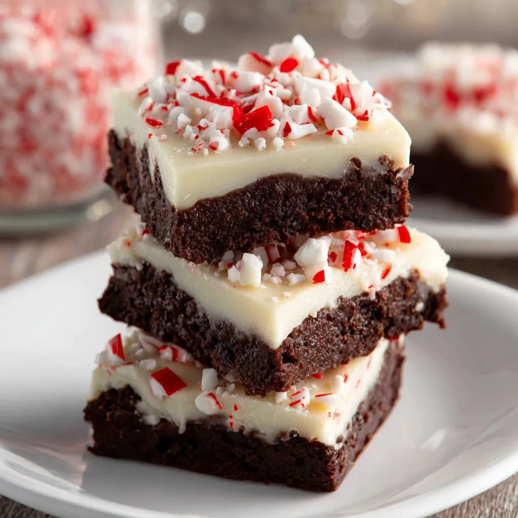 Peppermint bark brownies stacked on a plate with fudgy chocolate layers, creamy white chocolate frosting, and crushed candy cane topping