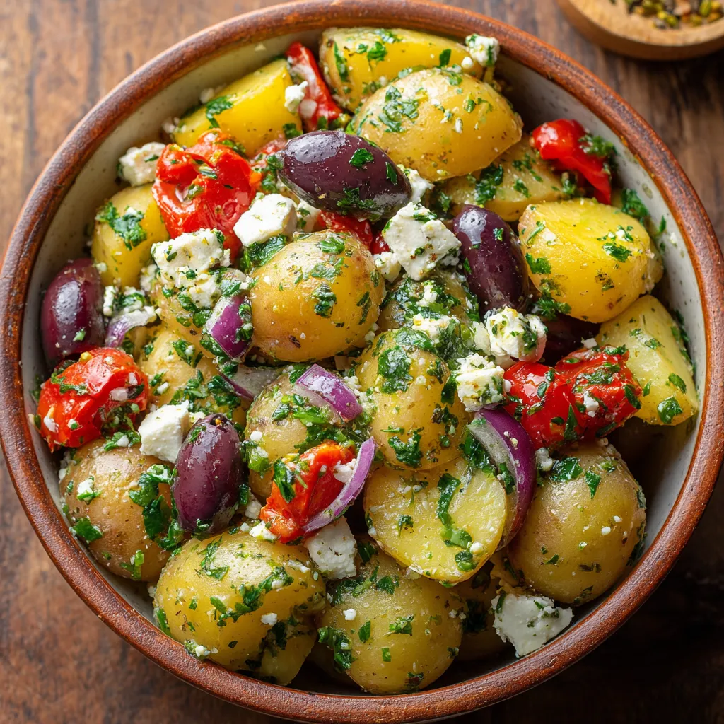 Greek potato salad with baby yellow potatoes, feta cheese, kalamata olives, red onion, cherry tomatoes, and fresh herbs in a zesty herb vinaigrette