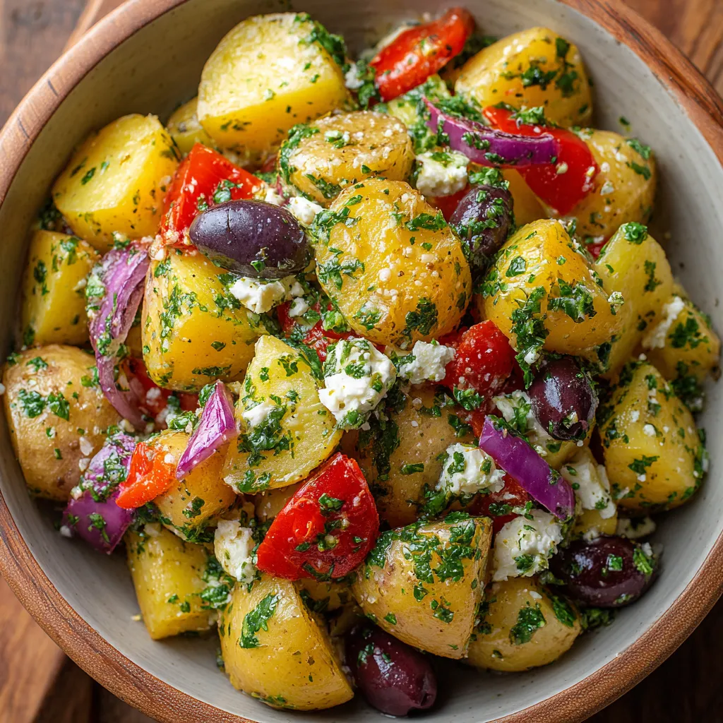 Greek potato salad with baby yellow potatoes, feta cheese, kalamata olives, red onion, cherry tomatoes, and fresh herbs tossed in a zesty herb vinaigrette