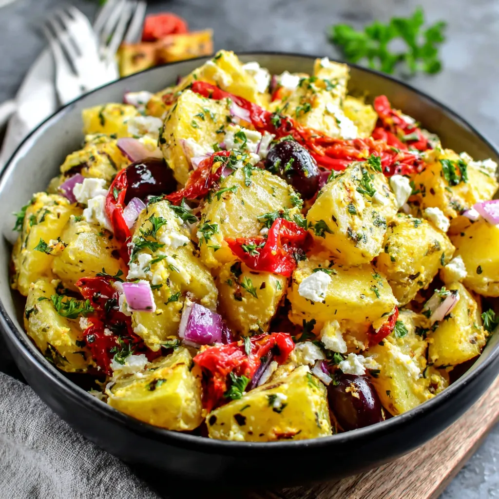 Turkish potato salad with tender potatoes, feta cheese, olives, tomatoes, red onion, and fresh parsley tossed in a lemony herb dressing