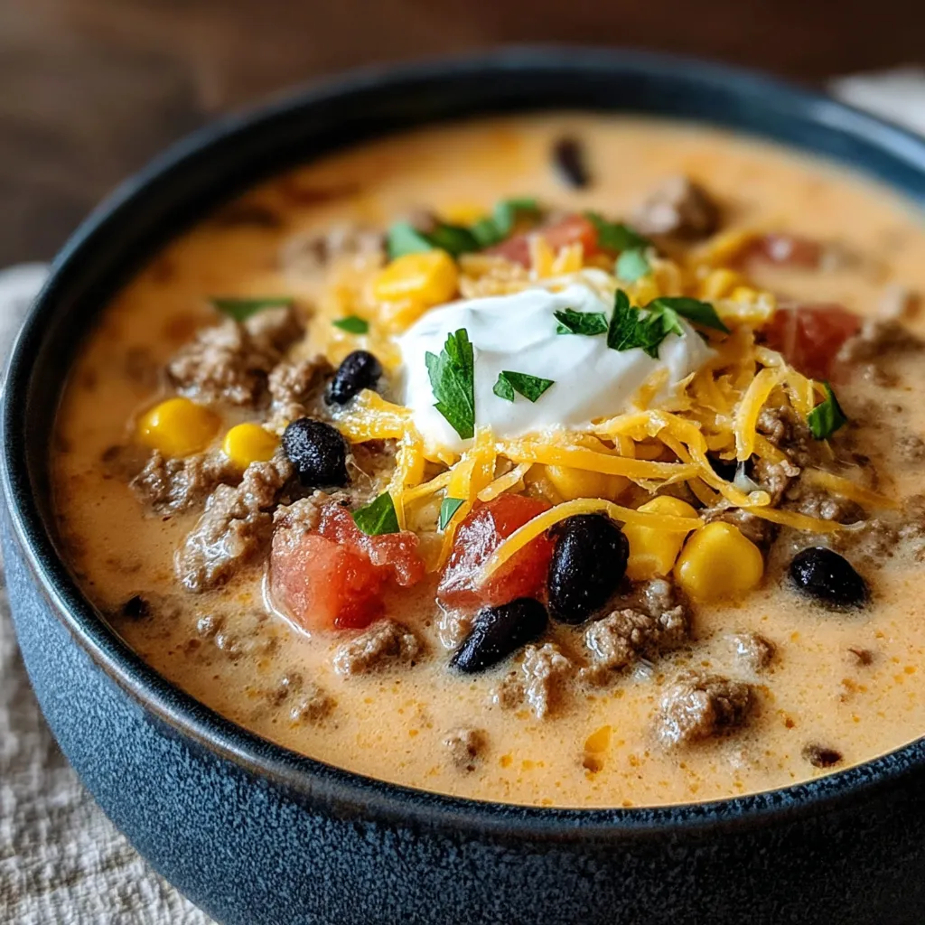 Creamy Cowboy Soup with ground beef, black beans, corn, tomatoes, melted cheese, and sour cream served in a dark bowl