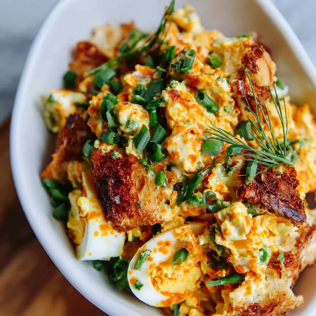 Crispy egg salad with pan-fried egg salad pieces, chopped hard-boiled eggs, fresh chives, dill, and golden toasted bread chunks served in a bowl