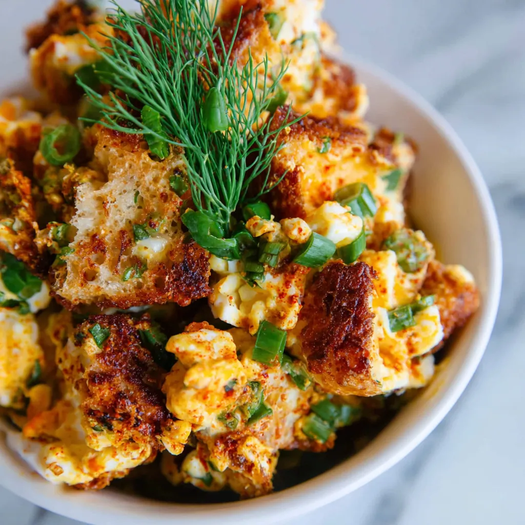 Crispy egg salad with pan-fried egg salad cakes, chopped hard-boiled eggs, melted mozzarella, chives, and golden crispy edges in a bowl