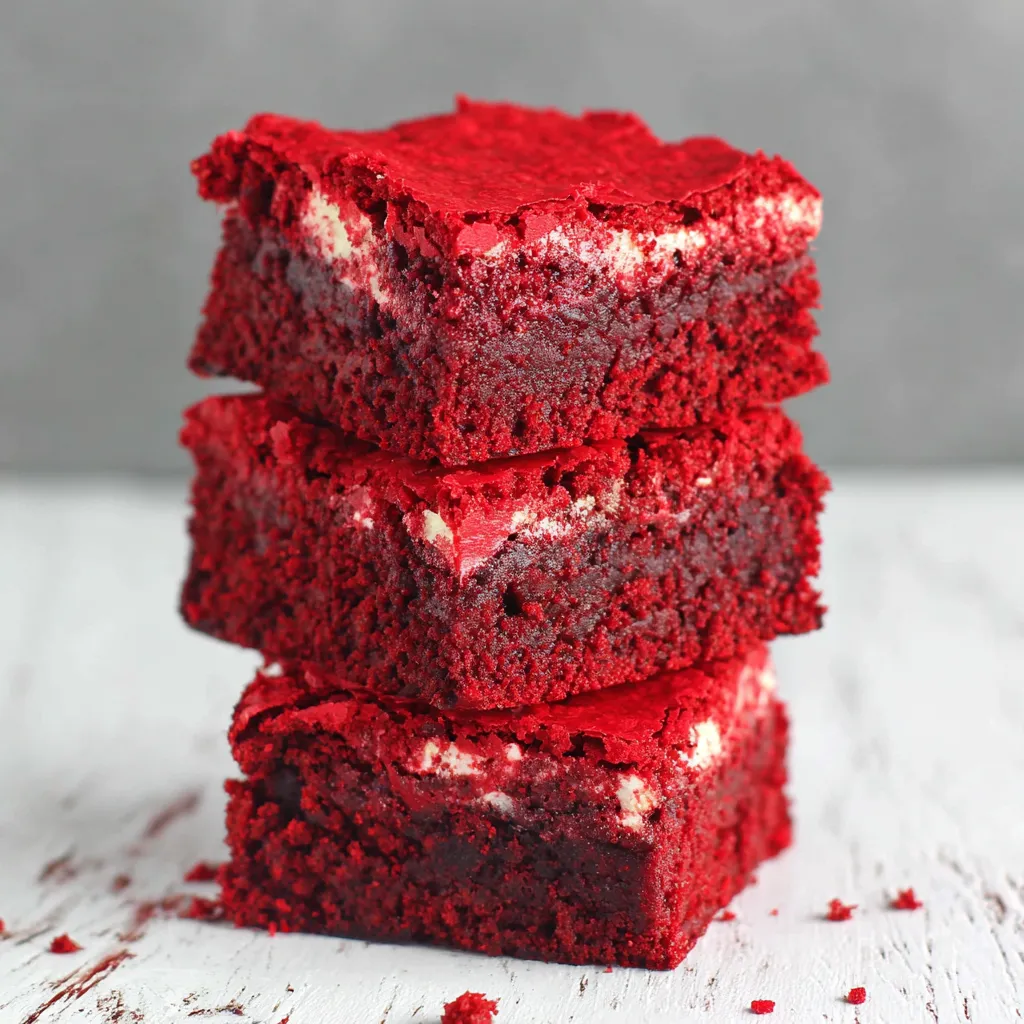 Stacked red velvet brownies with cream cheese filling, rich homemade dessert