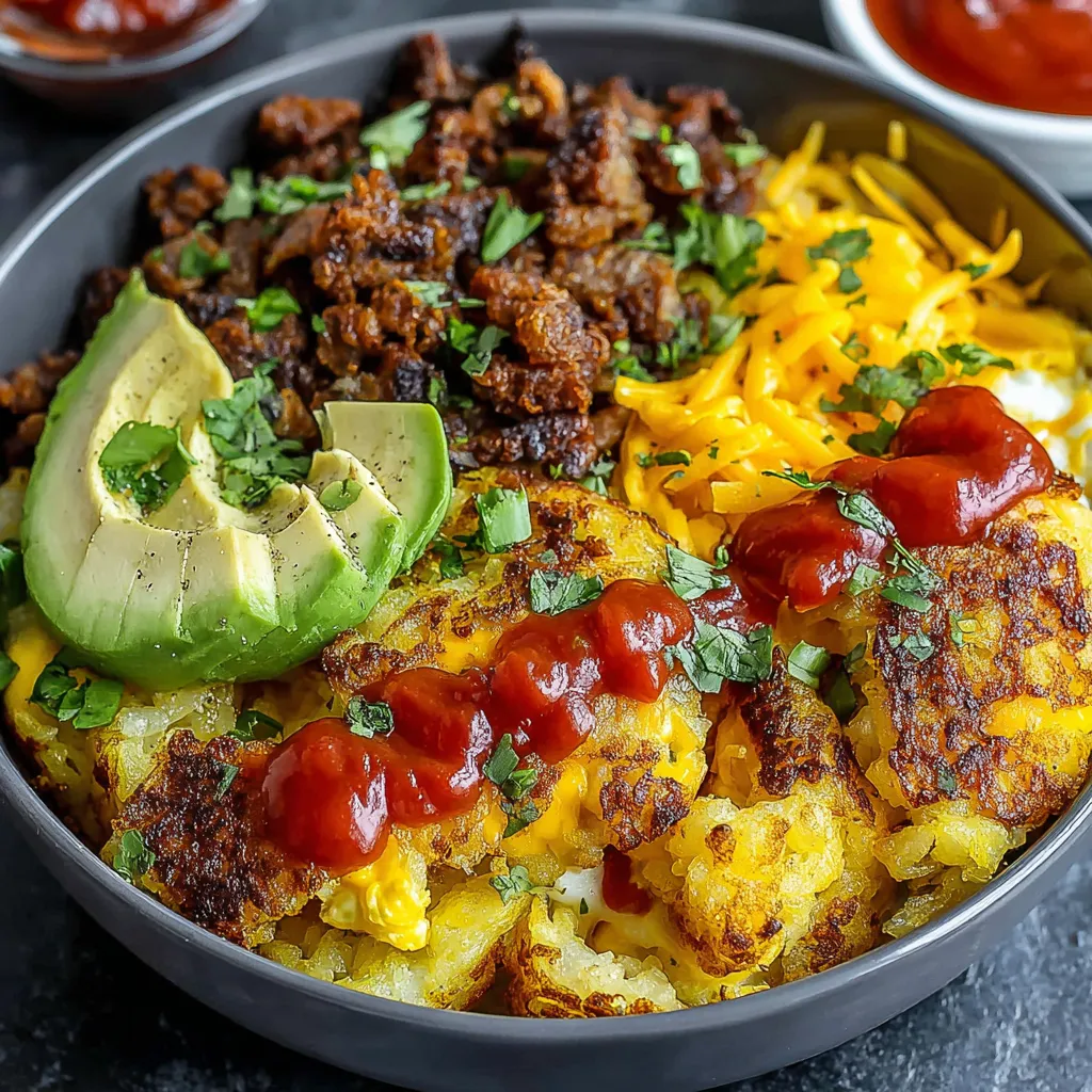 Hash brown breakfast bowl with sausage, eggs, cheddar cheese, avocado and salsa