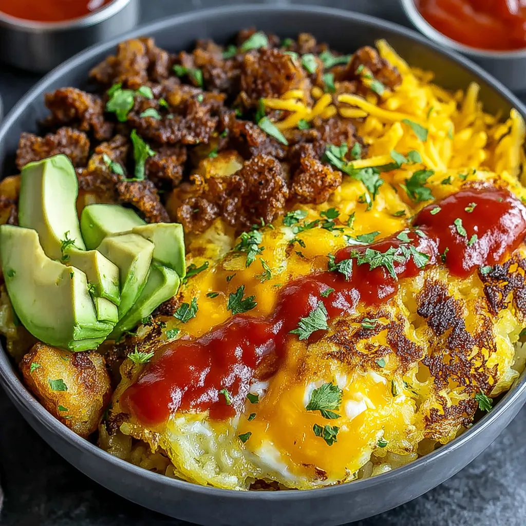 Hash brown breakfast bowl with crispy hash browns, sausage, eggs, cheddar, avocado and salsa