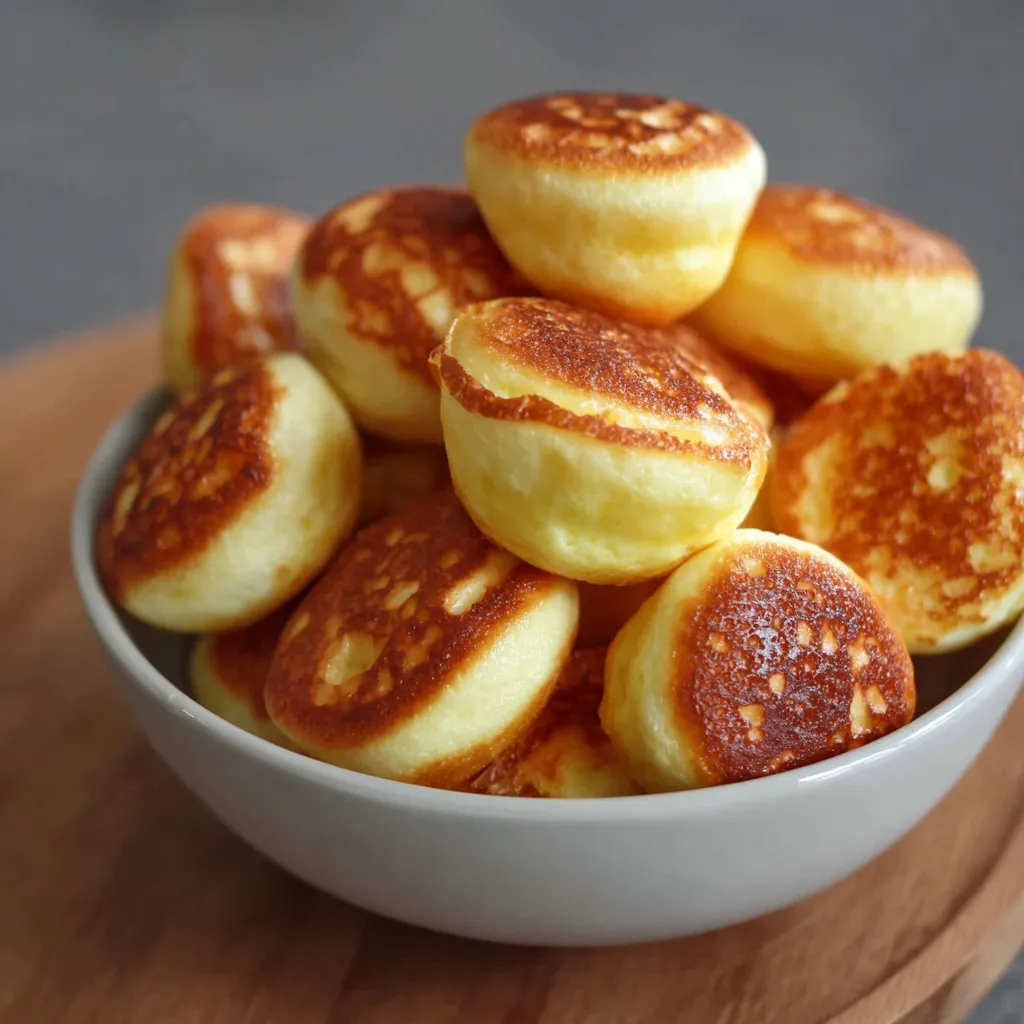Close-up of fluffy breakfast pancake poppers in a white bowl with a golden, crispy exterior, perfect for dipping with syrup or enjoying as a snack