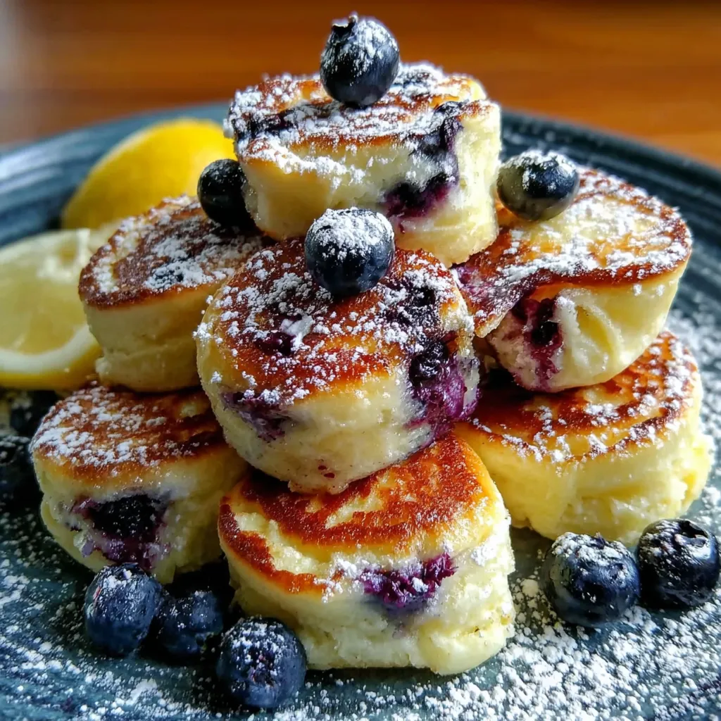 Stack of fluffy blueberry lemon pancake bites dusted with powdered sugar, showcasing their golden-brown edges and juicy blueberry filling, garnished with fresh blueberries and lemon slices