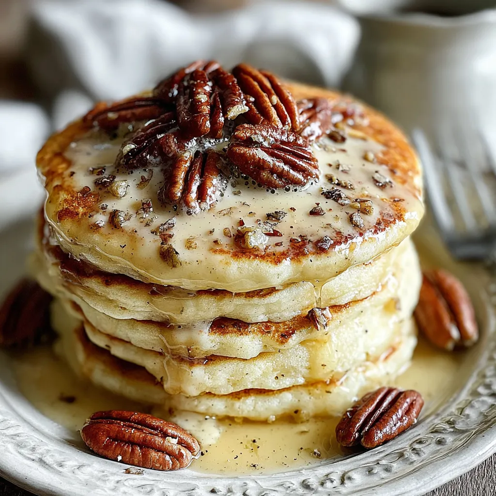 Fluffy butter pecan pancakes stacked high, topped with toasted pecans and drizzled with creamy maple syrup, perfect for a cozy breakfast