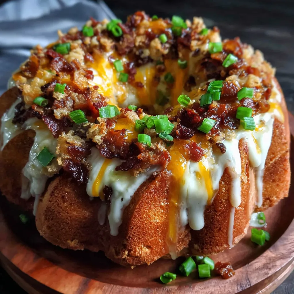Savory Breakfast Biscuit Bundt Cake topped with crispy bacon, melted cheese, and fresh green onions, drizzled with a creamy glaze, perfect for a delicious morning treat
