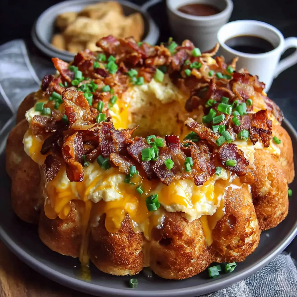 Delicious Breakfast Biscuit Bundt Cake with golden cheese, crispy bacon, and fresh green onions, topped with a creamy glaze, perfect for a savory brunch