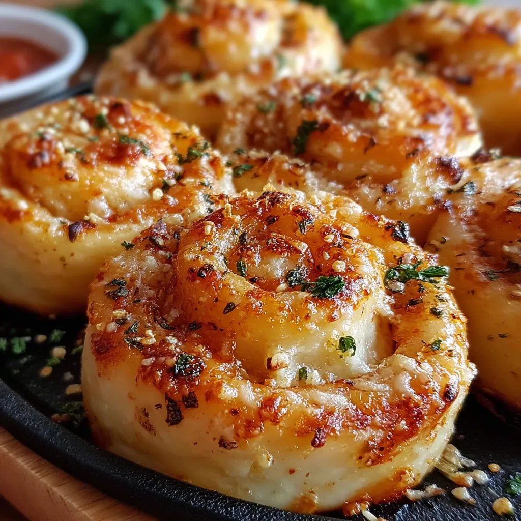 Close-up of deliciously golden Garlic Parmesan New York Pizza Rolls, topped with crispy garlic, melted cheese, and fresh parsley, perfect for a savory appetizer or snack