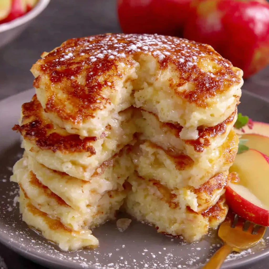 Fluffy Apple Yogurt Pancakes stacked with a delicious center oozing with apple and yogurt filling, dusted with powdered sugar and served with fresh apple slices on the side
