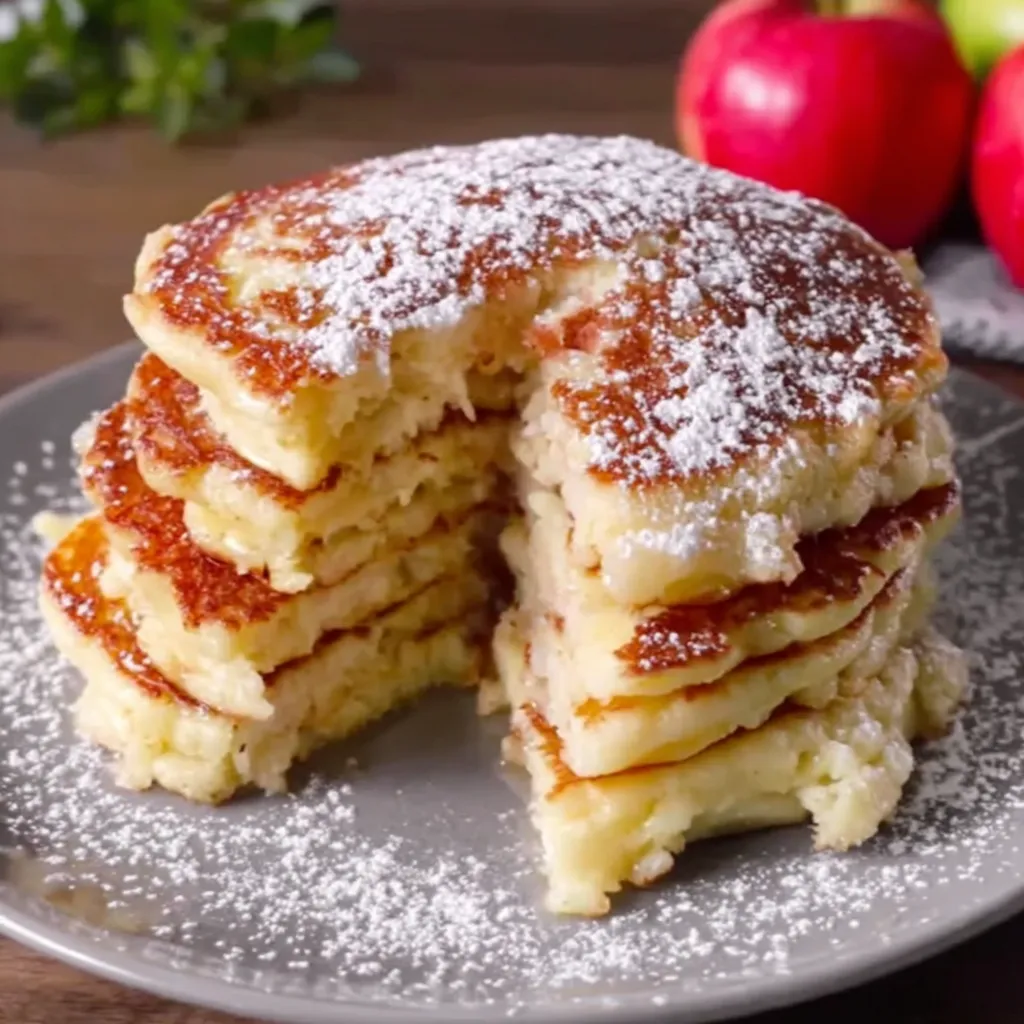 Delicious stack of Apple Yogurt Pancakes with a fluffy interior, dusted with powdered sugar, served on a plate with fresh apples in the background
